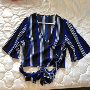 Charlotte Russe Blue and Black Stripped Wrap Top, Cropped, Flutter Sleeves